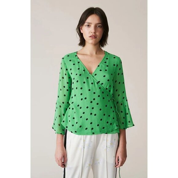 Ganni Dainty Georgette Green Polka Dot Wrap Top - Picture 1 of 10